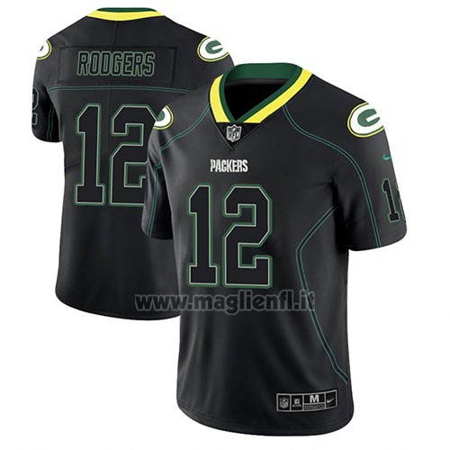 Maglia NFL Limited Green Bay Packers Aaron Rodgers Nero Color Rush 2018 Lights Out